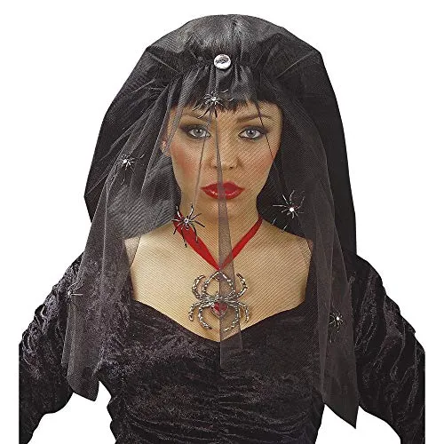 Widmann 8452Y - Schleier mit Spinnen, Schwarz, Schwarze Witwe, Hut, Kopfschmuck, Accessoire, Mottoparty, Karneval