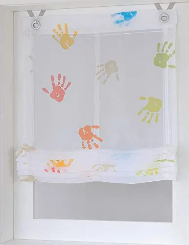 Raffrollo Ösenrollo Kinder Hände Weiss bunt - 100 x 130 cm - Raffrollo für Kinderzimmer, maschinenwaschbar, halbtransparent und lichtdurchlässig für idealen Sichtschutz. Inklusive Haken und Klebenoppen zur einfachen Aufhängung.
