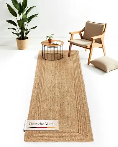 carpetfine Juteteppich Nele Läufer Beige 60x180 cm - Teppich aus 100% Jute, handgewebt und pflegeleicht, ideal im Boho Style für Küche, Flur und Wohnzimmer.