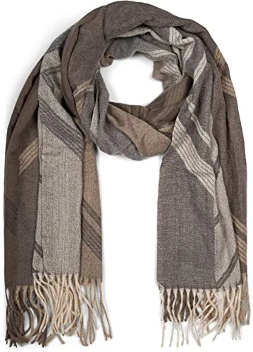 styleBREAKER Damen Web Schal mit Geometrischem Muster und Fransen, warme Winter Stola mehrfarbig 01017150, Farbe:Grau-Beige