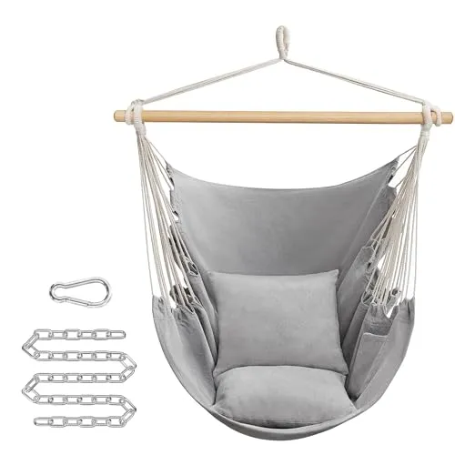 SONGMICS Hängesessel, Hängeschaukel, Hängestuhl mit 2 Kissen, Metallkette, bis 150 kg belastbar, Indoor und Outdoor, Wohnzimmer, Schlafzimmer, Taubengrau GDC187G01