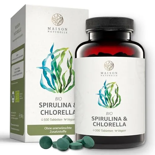 MAISON NATURELLE® | Bio Spirulina & Chlorella Mix (500 Stück) - Hochdosiert mit 2400mg Bio-Spirulina Alge & 2400mg Bio Chlorella Alge je Tagesdosis