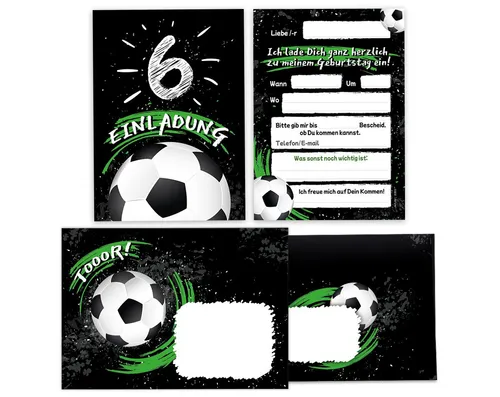 JUNAPACK Einladungskarten Fußball zum 6. Kindergeburtstag Einladungen + Umschläge Karte Fussball, Karten mit Umschlägen zum sechsten Geburtstag soccer Kicken