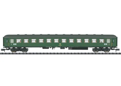 MiniTrix 18472 Schnellzugwagen Büm 234 der DB - Sammlerfahrzeuge, detailgetreuer Schnellzugwagen der DB in chromoxidgrün, ideal für Modellbahn-Enthusiasten und ausgestattet für Innenbeleuchtung.