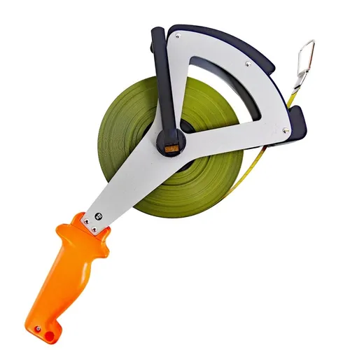 Stahl-Bandmaß 50 m Polyamid-ummantelt in Alu-V-Rahmen, Anfang 