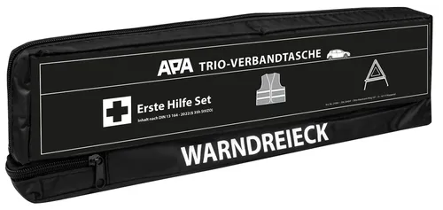 APA Trio-Verbandtasche 21092, DIN 13164 - Erste Hilfe Verbandstasche mit steril verpacktem Verbandsmaterial, Warndreieck und Warnweste. Ideal für Kfz, inkl. E-Zulassung und 2 medizinischen Masken. Wasserabweisendes Nylongewebe für höchste Sicherheit.