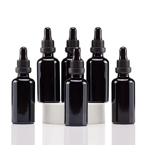 YIZHAO Pipettenflasche 50ml Schwarz, Apothekerflasche mit Pipette Glas, für Ätherisches Öl, Aromatherapie, Massage, Düfte, Labor, Kosmetik, Reisen – 6 Pcs
