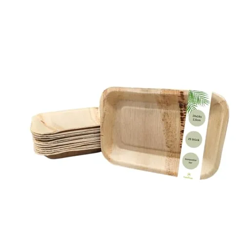 DeinPack 25 Palmblatt Teller eckig 24x16x2,5cm | Bio Einweggeschirr biologisch abbaubar | Partygeschirr | Einmalgeschirr | Wegwerfgeschirr | Snackschale | Teller kompostierbar