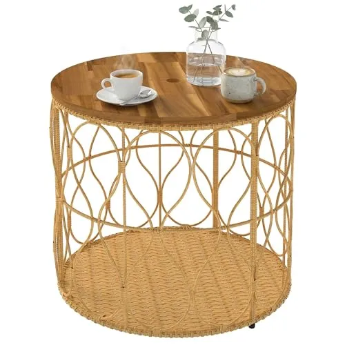 Wetterfester Beistelltisch Ø50 cm mit Rattanoptik und Akazienholzplatte - Runder Balkontisch aus hochwertigem Akazienholz und PE-Rattan, ideal für Innen- und Außenbereiche. Robuste, wetterfeste Konstruktion mit einem eleganten Boho-Stil. Perfekt für entspannte Stunden im Freien.