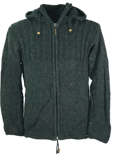 GURU SHOP Kuschelige Gefütterte Strickjacke - Anthrazit, Modell 1, Herren, Größe XXL - Mollig warme Strickjacke aus reiner Schafwolle mit Fleece-Fütterung. Ideal für kalte Tage, ausgestattet mit geräumigen Taschen und abnehmbarer Kapuze. Fair und nachhaltig in Nepal gefertigt.
