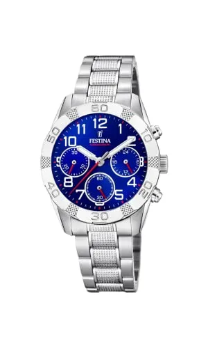 Festina Chronograph Junior Collection F20345/2 - Kinderuhr mit Stoppfunktion - Kinderuhr mit Quarz-Antrieb, wasserdicht bis 5 bar und 36 mm Gehäuse, ideal als Geschenk für kleine Abenteurer. Stilvolles blau-silbernes Design!