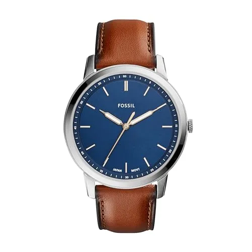 Fossil Minimalist Herren Uhr - Quarzwerk mit Edelstahl- oder Lederarmband, Blau und Braun, 44MM - Armbanduhren für Herren mit 44-mm-Gehäuse, Quarzbewegung und wasserdicht bis 50 m – ideal für Schwimmen in flachem Wasser.