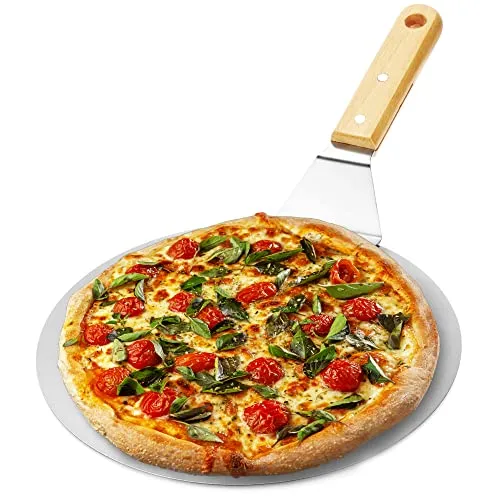 com-four® Pizzaschaufel aus rostfreiem Edelstahl - Pizza- und Kuchenheber mit Holzgriff - Runder Pizzaschieber für Pizza, Flammkuchen und Brot (braun/silberfarben - rund)