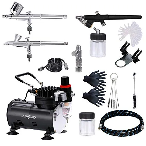 Sagud Airbrush Set mit Kompressor, Airbrushpistole Double Action Airbrush mit inklusive 3 Airbrushes 0,2 mm 0,3 mm 0,8 mm Düse und Nadel für Hobby, Modellbau, Nägel, Profi Starter Set