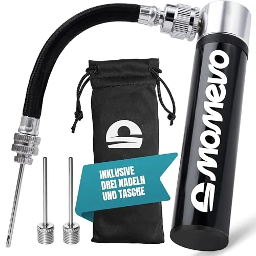 Momevo PocketAir - Mini Ballpumpe mit flexiblem Schlauch für alle Bälle - klein, plastikfrei aus Aluminium - Ballpumpe für Fußball, Basketball, Volleyball (Mattschwarz)