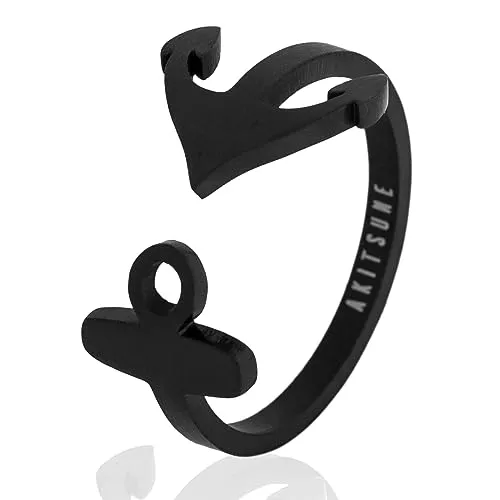 Akitsune Anker Ring | Maritimer Design-Ring Frauen Herren Edelstahl Meer Ozean Modeschmuck - Mattschwarz - US 7