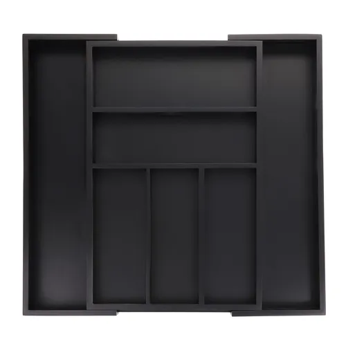 relaxdays Ausziehbarer Besteckkasten aus Bambus - Besteckeinsätze für Ordnung in der Schublade - 5 Haupt- und 2 Ausziehfächer, individuell einstellbare Breite, robustes Bambus-Design in Schwarz.