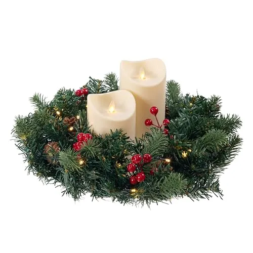 Künstlicher Adventskranz mit LED Kerzen und Lichterkette – sicher und dekorativ - Hochwertiger Tannenkranz mit 2 flammenlosen Stumpenkerzen für eine stimmungsvolle Weihnachtsdekoration. Ideal für Innen- und geschützten Außenbereich, batteriebetrieben und ohne Brandgefahr.