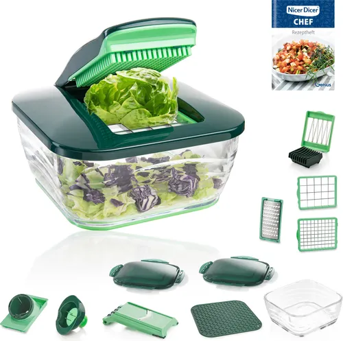 Genius Nicer Dicer Chef (18-teilig) - Innovativer Gemüseschneider - Gemüsehobel mit 18 Teilen, perfekt zum schnellen und mühelosen Zerkleinern von Obst und Gemüse in verschiedenen Formen. Ideal für gesunde Ernährung ohne Strom!