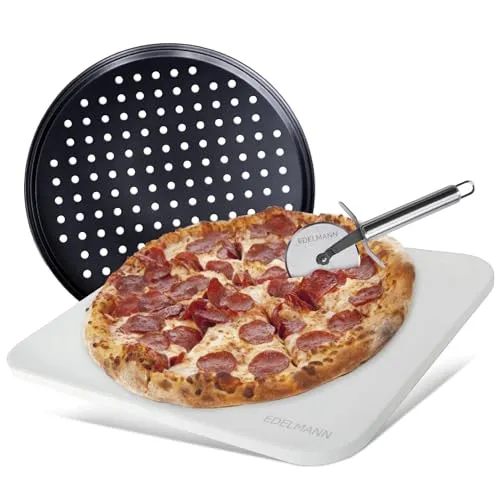 Edelmann Pizzastein Set für Backofen & Gasgrill - Grill-Werkzeuge mit hochwertigem Cordierit-Stein für perfekte Pizzaergebnisse, inklusive Pizzablech und Pizzaschneider.