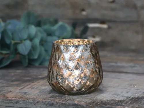 Teelichthalter Windlicht Kerzenglas Karo Champagner Dekor Vintage Chic Antique