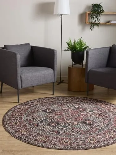 Interiyou Vintage Teppich Wohnzimmer Gent - 120x120 cm Rund Multicolor/Rot - Für Schlafzimmer, Esszimmer, Kinderzimmer - Kurzflor waschbar und rutschfest, Print Muster