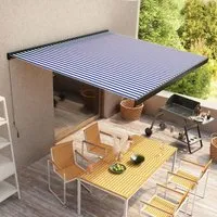 furnicato Manuelle Kassetten-Markise 350x250 cm Blau-Weiß - Genießen Sie entspannte Stunden im Freien mit dieser stabilen, manuell betriebenen Kassetten-Markise aus hochwertigem Aluminium und wetterfestem Polyester. Ideal für Terrasse, Balkon oder Garten.
