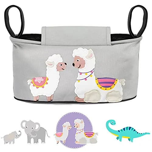 GLÜCKSWOLKE Kinderwagen Organizer - 12 Motive, Kinderwagentasche verschließbar, Kinder Buggy Tasche mit Feuchttücherspender, Baby Zubehör Pram Organiser - Aufbewahrungstasche (Anni Alpaka, grau)