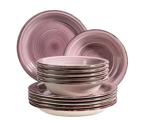 MÄSER 931951 Bel Tempo II - 12-teiliges Teller-Set für 6 Personen - Modernes Tafelservice im Vintage Look, handbemalt in dunklem Lila. Spülmaschinenfest und mikrowellengeeignet für müheloses Servieren und Genießen.