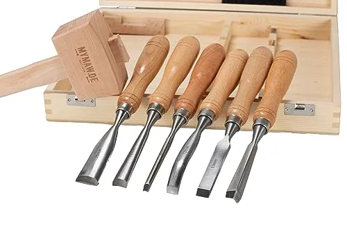 Schnitzeisensatz 7-tlg Schnitzwerkzeug mit Klüpfel Schnitzeisen Stechbeitel Holz