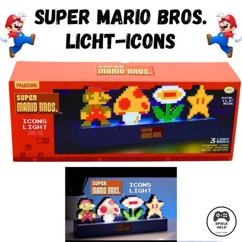 Super Mario Bros Icons Licht - Offiziell lizenziertes Nintendo-Merchandise, schallreaktiver Modus für kreative Beleuchtung im Kinderzimmer oder Gaming-Raum.