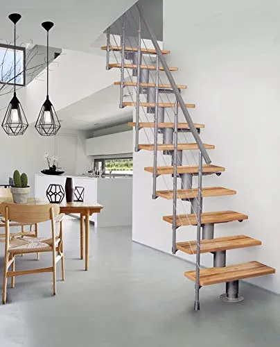 Systemtreppe Atrium Dixi, grau, Geschosshöhe 222-300 cm, mit 80 cm Holzstufen in Buche Natur