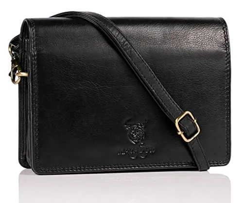 MATADOR Handytasche zum Umhängen Leder Damen Schultertasche Portmonnaie Tasche Handtasche Schwarz Nappa Geldbeutel mit Kartenfächer mit RFID Schutz