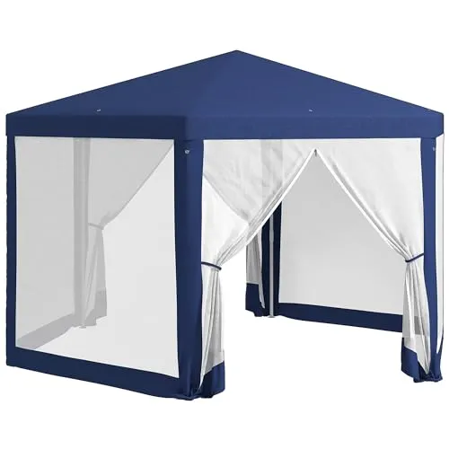 Outsunny Pavillon 394Lx341.2Wx250Hcm - Blau - Pavillon mit robustem Metallgestell, wasserabweisendem Dach und Netzvorhängen für optimalen Schutz vor Sonne, Nieselregen und Insekten - ideal für stilvolle Gartenpartys.