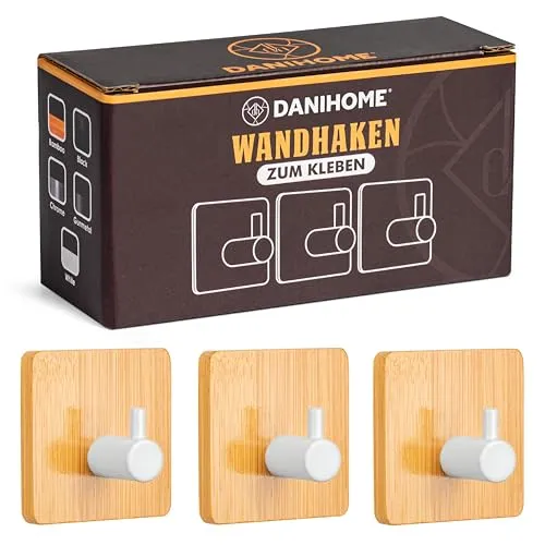 DANIHOME Handtuchhalter Bambus ohne Bohren - Klebehaken Extra Stark für Küche & Bad, Wandhaken Selbstklebend, Handtuchhaken Bambus, Kleben Statt Bohren Extra Stark, Handtuch Halter