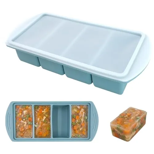 OVBOVA Silikon Gefriertablett mit Deckel – 4 Kammern mit Skala (125ml & 250ml) für Suppe, Brühe & Soßen Gefrierformen aus für Meal Prep & Familienküche