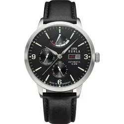UMR Ruhla Automatik Herrenuhr mit schwarzem Lederarmband - 80271 - Schwarz - Hochwertige Herrenuhr mit Miyota 9110 Automatikwerk, Gangreserveanzeige und 10 ATM Wasserdichtigkeit. Elegantes Design mit schwarzem Zifferblatt und Lederarmband.