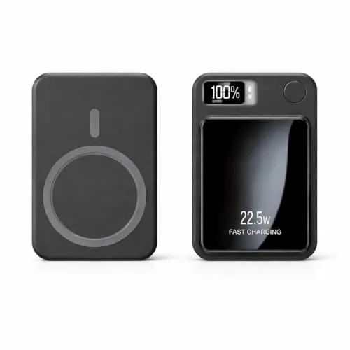 Magnetische Powerbank 5000mAh Mini 22.5W PD Schnellladen mit LED Display – kompatibel mit Samsung, MagSafe, iPhone & Qi Smartphones, Wireless & USB-C – Tragbare Powerbank (Schwarz, 5.000 mAh)