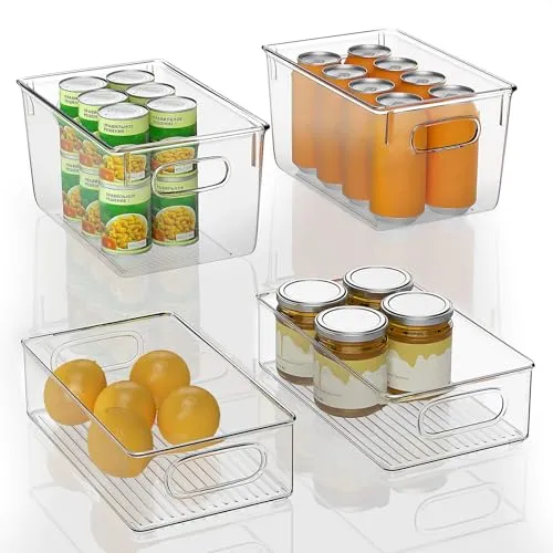FINEW Set von 4 Stapelbare Kühlschrank Organizer - 2 Große/2 Mittel, Aufbewahrungsbox für Gefriergeräte, Küchenarbeitsplatten und Schränke, Clear Plastic Pantry Lebensmittelaufbewahrung- BPA Frei