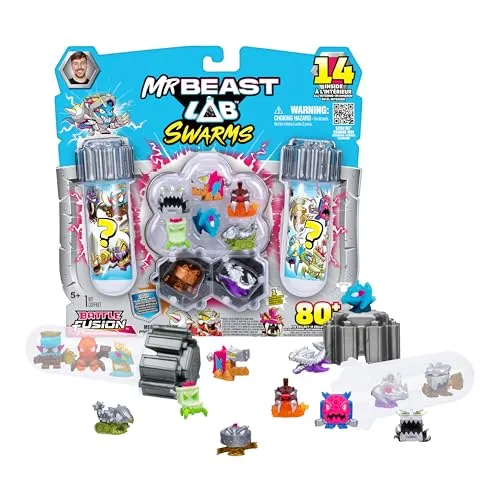 MrBeast Lab Swarms Battle Fusion-Serie Mega-Laborpackung – enthält 14 Mini-Monster mit ultraseltenem Hammerhead, über 80 Stück zum Sammeln, Sticker und Fusions-Kapseln zum Präsentieren