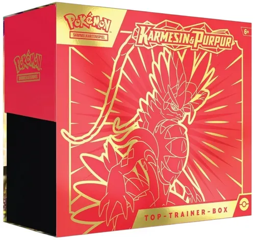 POK KP01 Top-Trainer Box DE - Pokémon Karmesin & Purpur - Sammelkarten Set mit 9 Boosterpacks, 1 holografischer Promo-Karte und 65 schützenden Kartenhüllen. Perfekt für alle Pokémon-Fans und Kartenspieler!