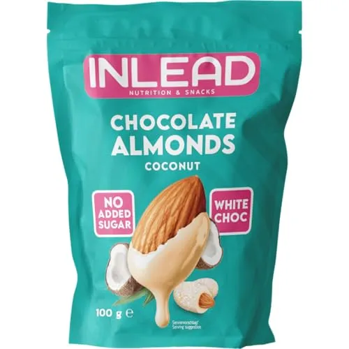 INLEAD - Chocolate Almonds | Mandeln mit feiner Schokolade & knusprigem Crunch | Ohne Zuckerzusatz & ohne Palmöl | Smarter Snack für Unterwegs (White Choc Coconut - Weiße Schoko Kokos)