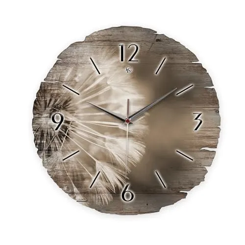 Kreative Feder Runde Wanduhr „Pusteblume“ aus Naturholz mit flüsterleisem Uhrwerk; Durchmesser 30cm (Pusteblume, leises Quarzuhrwerk)