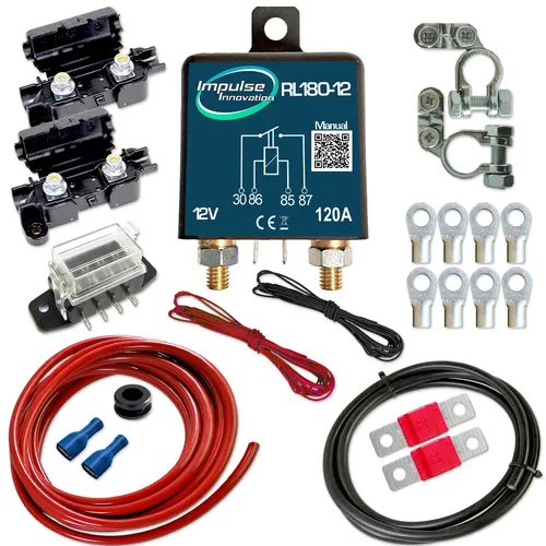 ADV Zweitbatterieset RL180-12 mit Trennrelais und Kabelsatz - Zweitbatterieset mit 12V Trennrelais (120A) und 6m 10mm² Kupferkabel. Ideal für den professionellen Einsatz, bietet zuverlässige Energieversorgung für Ihre Anwendungen.