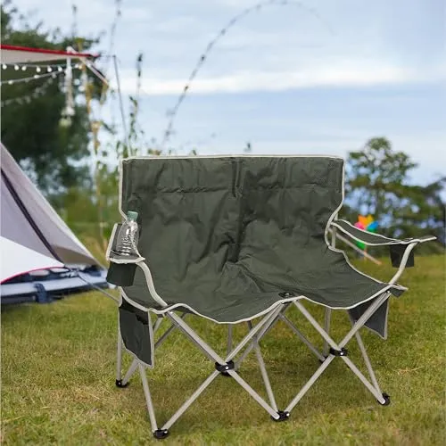 Navaris Faltbares Camping Sofa 2-Sitzer - Bequem & Praktisch -mit großen Rückentaschen - Faltstuhl - Grün & Beige mit hochwertiger Tragetasche und 2 Becherhaltern - Karpfenstuhl