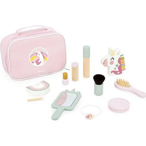 Janod Einhorn Schminkkoffer - Entdeckerspielzeug für kreative Rollenspiele, enthält 10 Holz-Zubehörteile inklusive einer magischen Einhorn-Parfümflasche, ideal für Kinder ab 3 Jahren.