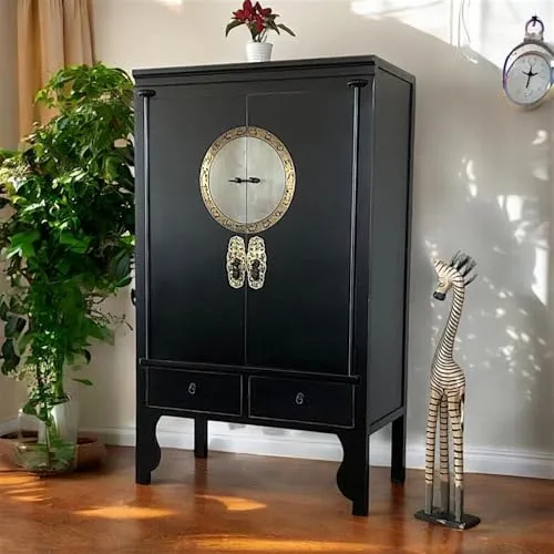 OPIUM OUTLET Chinesischer Hochzeitsschrank - Hochwertiger asiatischer Kleiderschrank im Shabby-Chic Stil, handgemacht mit authentischen Motiven und aufwendigen Messingbeschlägen. Ideal als Eyecatcher im Wohnzimmer oder Schlafzimmer.