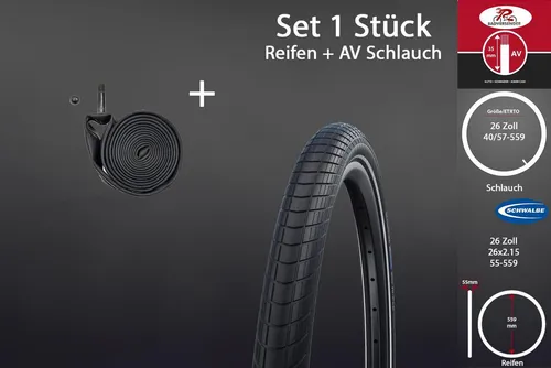 Schwalbe Big Apple Fahrradreifen 26 Zoll mit AV Schlauch - 26 Zoll Schwalbe Big Apple Reifen 26x2.15 für Trekking und Touren, mit Pannenschutz und Reflexstreifen für mehr Sicherheit. Ideal für E-Bikes bis 25 km/h. Lieferung ohne Felgen.