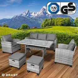 Polyrattan Garten Sitzgruppe DELIGHT-7 grau/anthrazit - Gartenmöbel mit TÜV-geprüfter Qualität: Stabil und langlebig, ideal für bis zu 7 Personen. Genießen Sie höchsten Komfort mit extra dicken Kissen und pflegeleichtem Polyrattan.