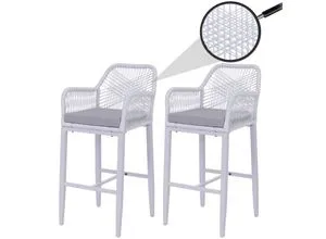 2er-Set Rope-Barhocker MCW-P91 – Stilvolle Barstühle für den Außenbereich - Genießen Sie Komfort und Stil mit unserem 2er-Set Rope-Barhocker. Wetterbeständig mit elastischem Seilgeflecht, stabilen Stahlgestell und bequemen Sitzkissen – ideal für Terrasse oder Balkon.